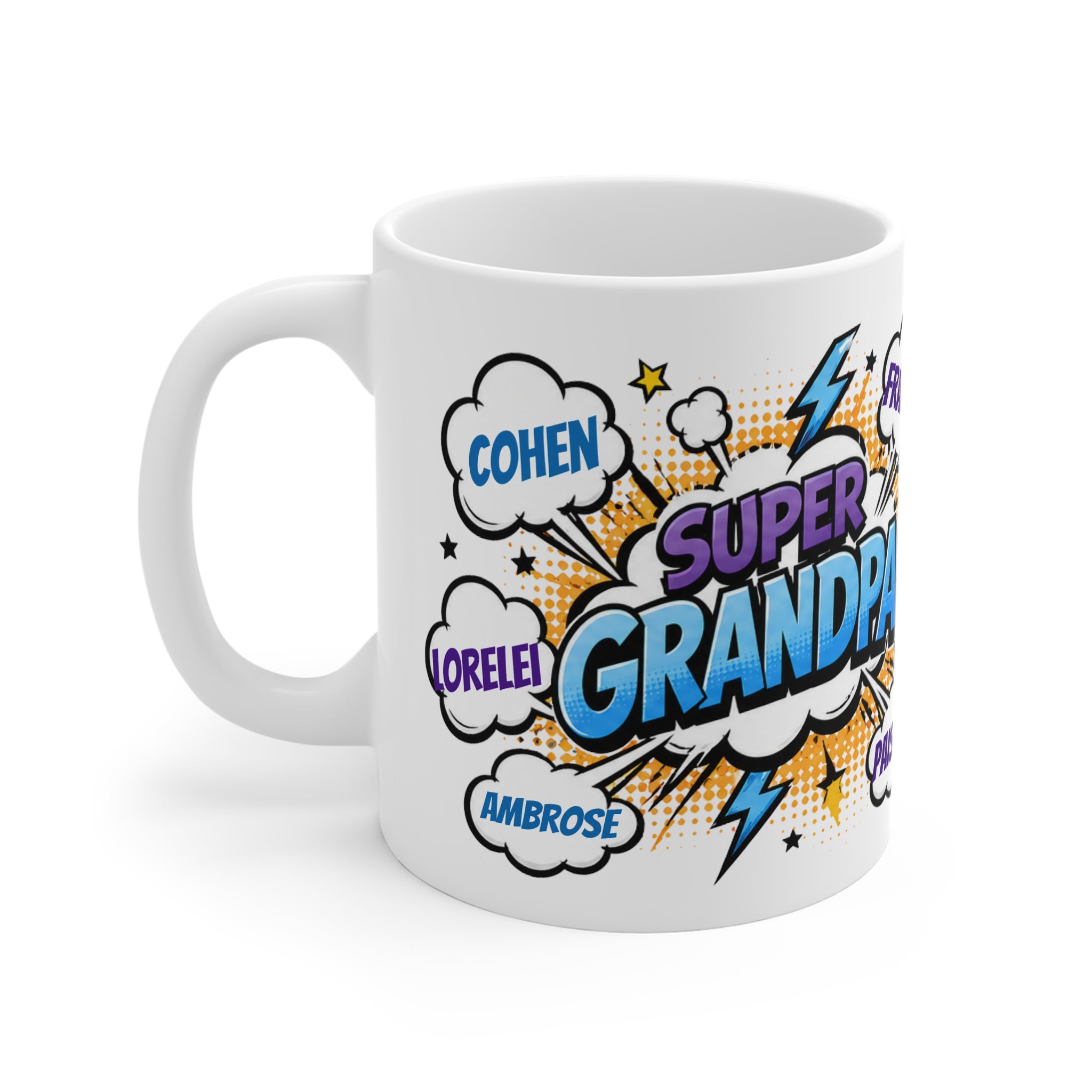 Super Grandpa Comic-Style Mug — Personalized Names Coffee Cup