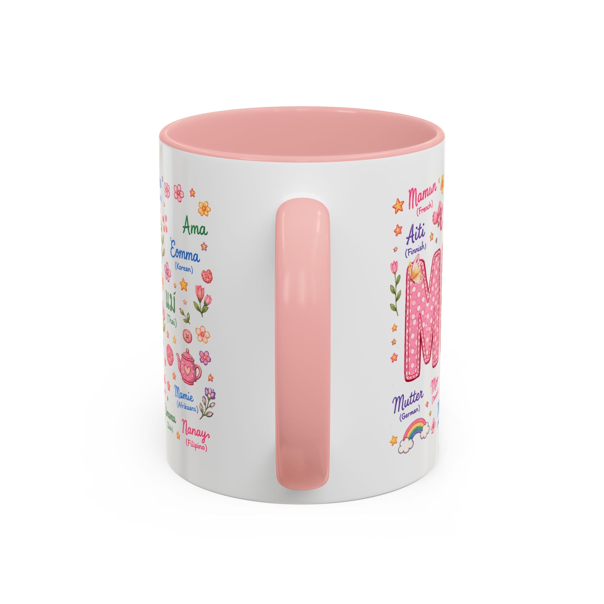 Mommy Coffee Mug — Colorful Multilingual 'Mom' Names Floral Accent 11/15oz