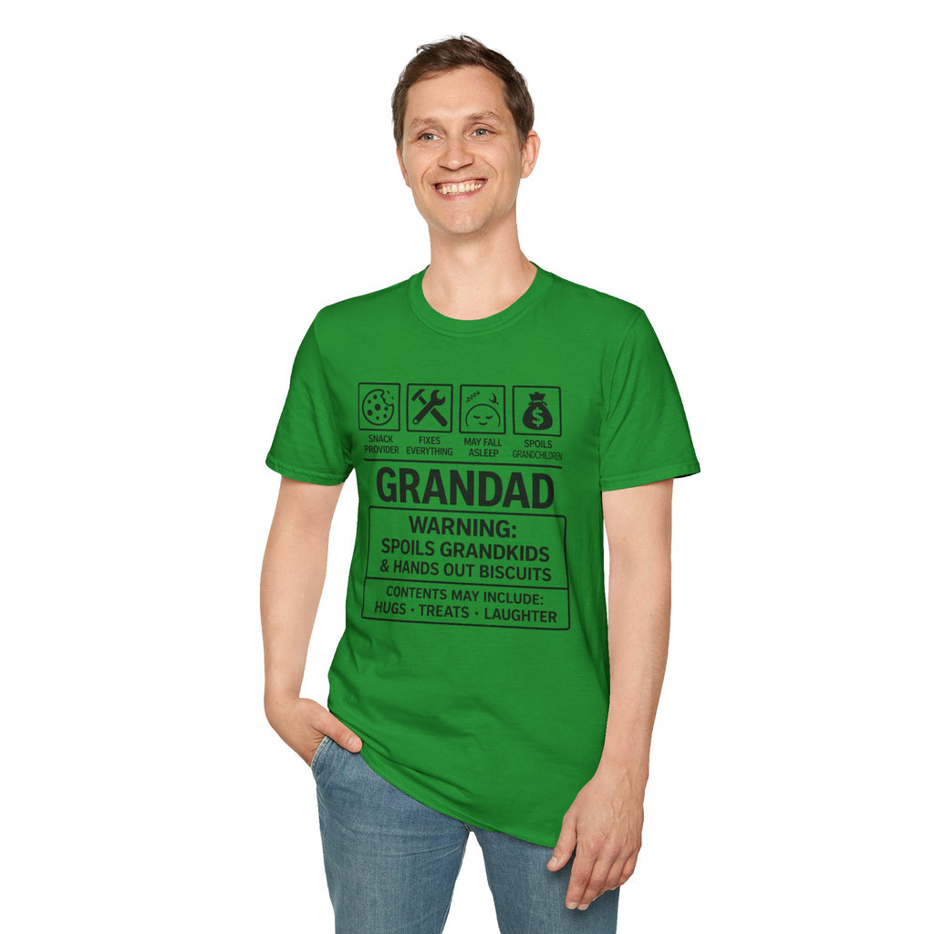 Grandad Warning T-Shirt — 'Warning: Spoils Grandkids & Hands Out Biscuits' Funny Grandpa Shirt