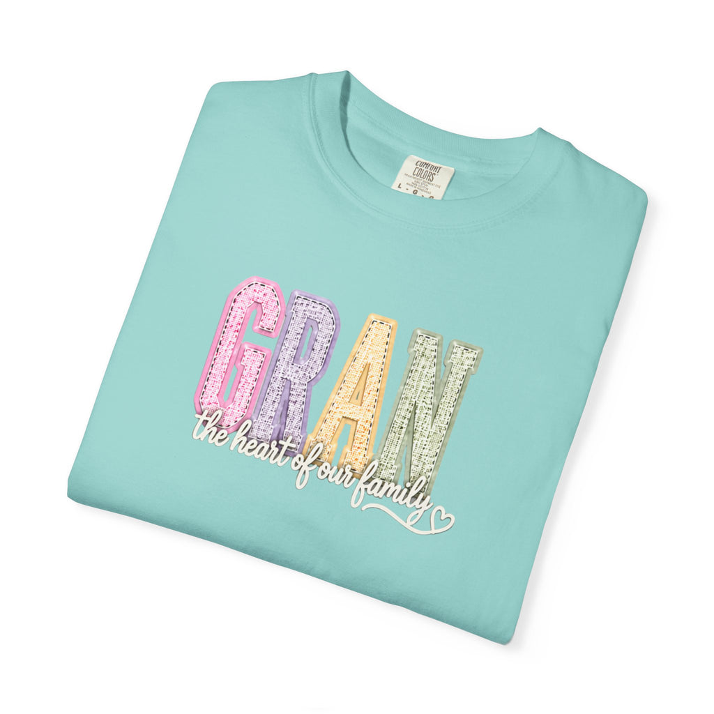 Gran Floral Script T-Shirt — "the heart of my family" Sage Garment-Dyed Tee