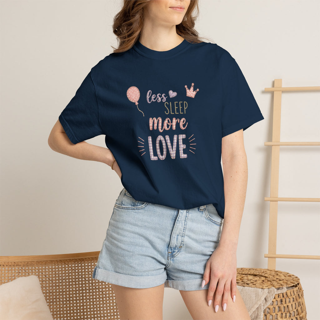 Less Sleep More Love T-Shirt – Pregnancy Announcment Cute Pink Balloon & Crown Graphic Tee