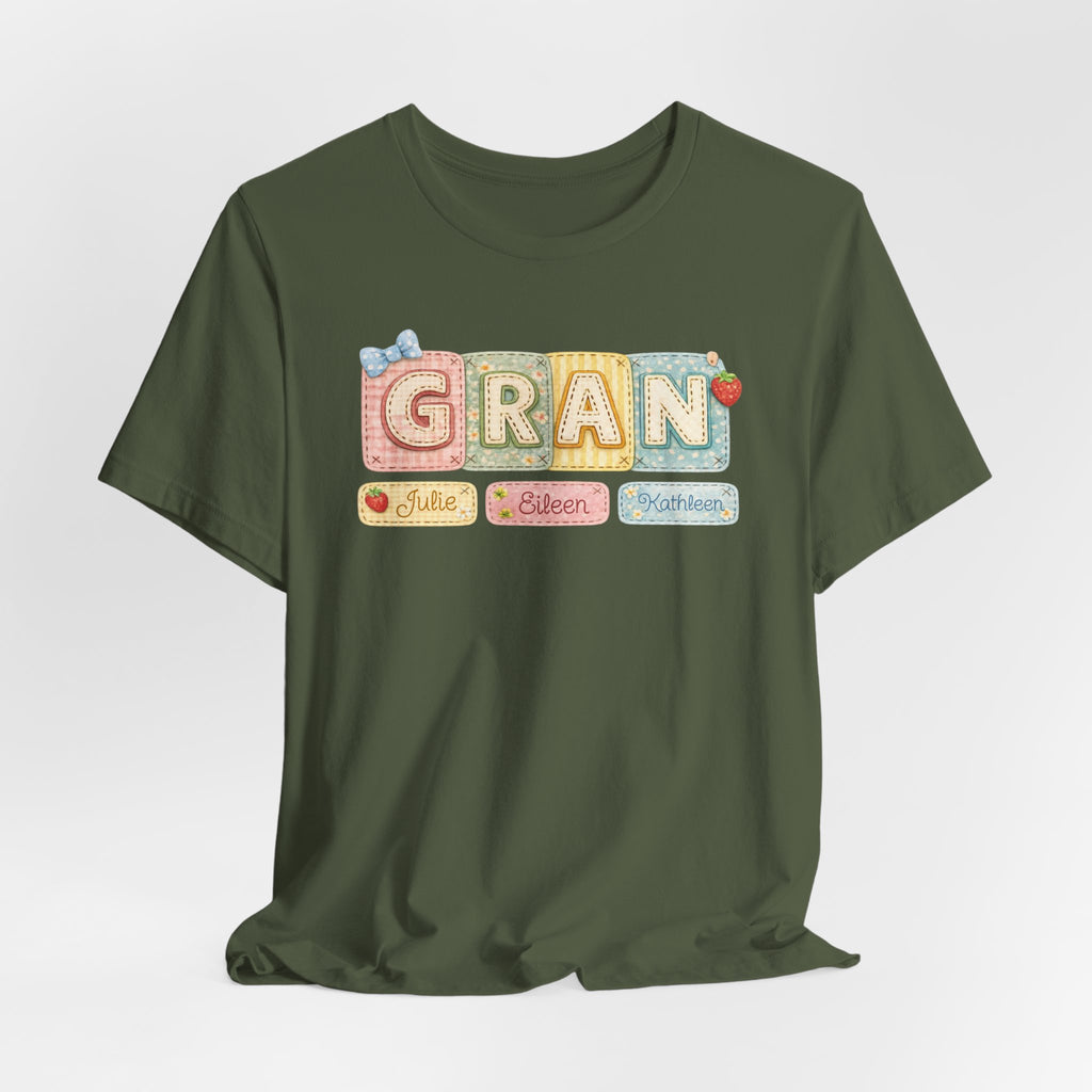 Gran Retro Patch Tee — Personalized 'Gran' Name Blocks Short Sleeve Shirt