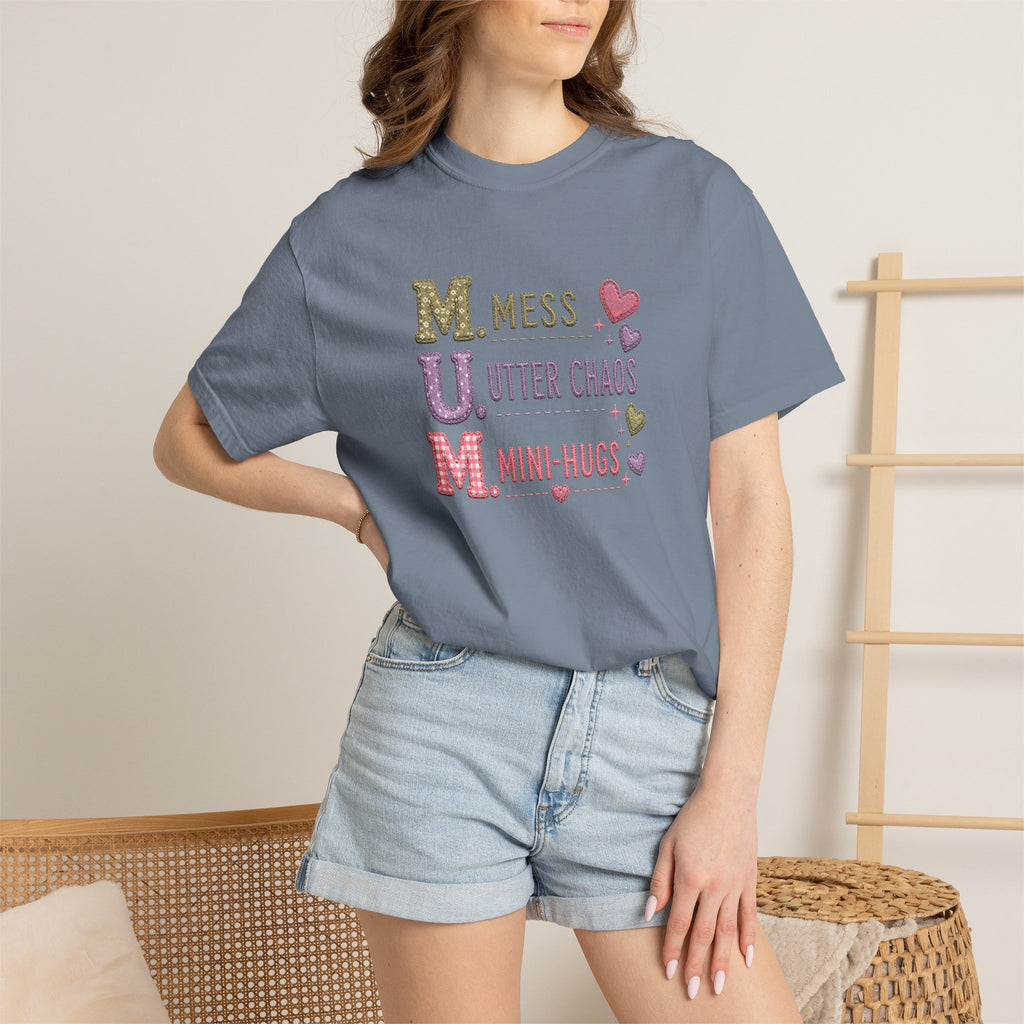 Mom Acronym T-Shirt — "M.U.M. Mess, Utter Chaos, Mini-Hugs" Cute Mom Graphic Tee