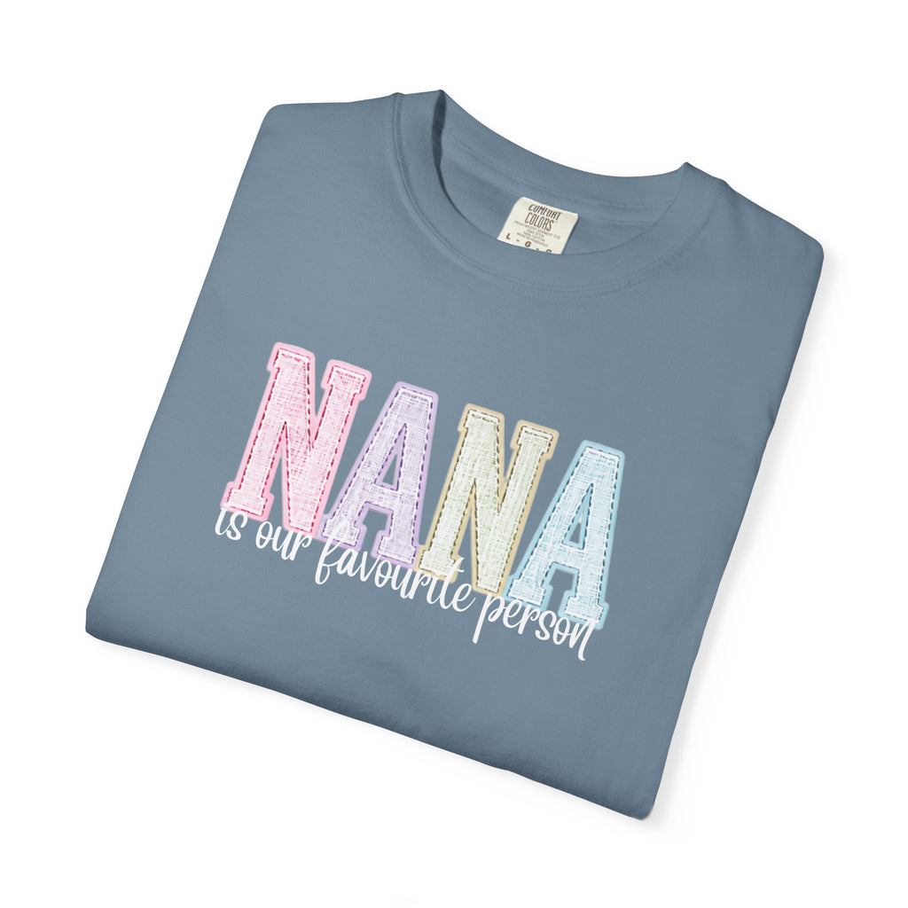 Nana Pastel Patchwork Tee — Soft White "NANA" Graphic T-Shirt for Grandmothers