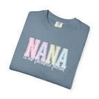 Nana Pastel Patchwork Tee — Soft White "NANA" Graphic T-Shirt for Grandmothers