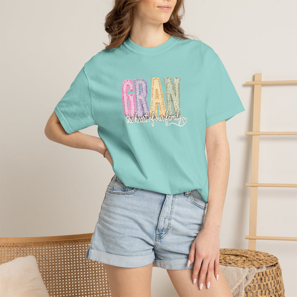 Gran Floral Script T-Shirt — "the heart of my family" Sage Garment-Dyed Tee