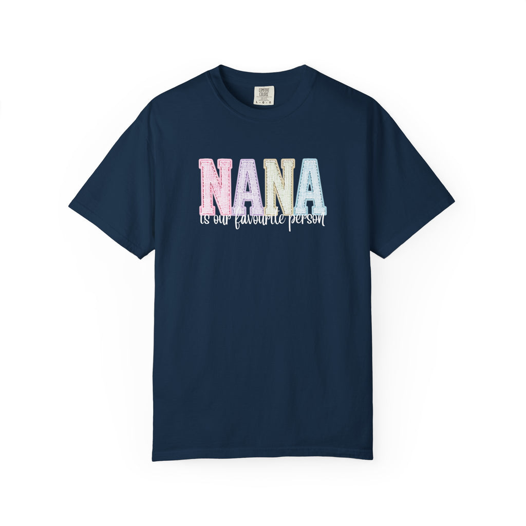 Nana Pastel Patchwork Tee — Soft White "NANA" Graphic T-Shirt for Grandmothers