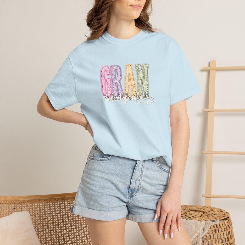Gran Floral Script T-Shirt — "the heart of my family" Sage Garment-Dyed Tee