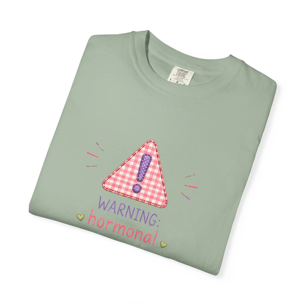 T-Shirt — "Warning: Hormonal" Cute Pink Gingham Alert Graphic