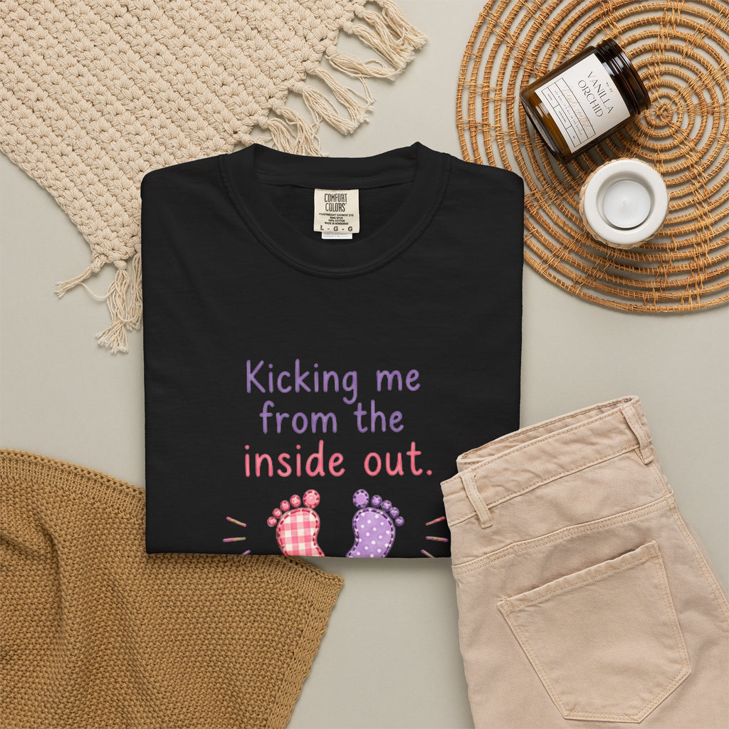 Pregnancy T-Shirt "Kicking Me From the Inside Out" — Cute Baby Footprint Maternity Tee