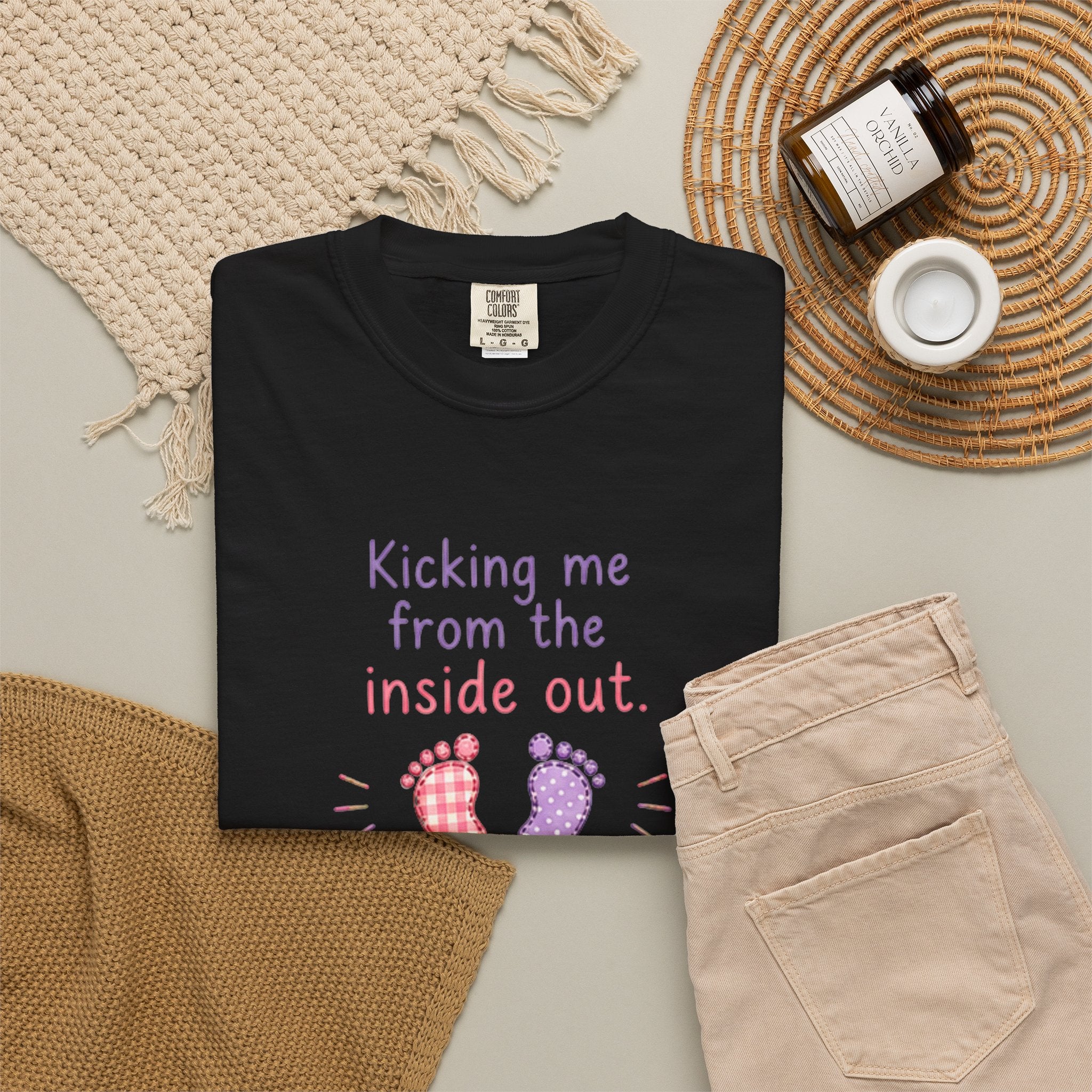 Pregnancy T-Shirt "Kicking Me From the Inside Out" — Cute Baby Footprint Maternity Tee