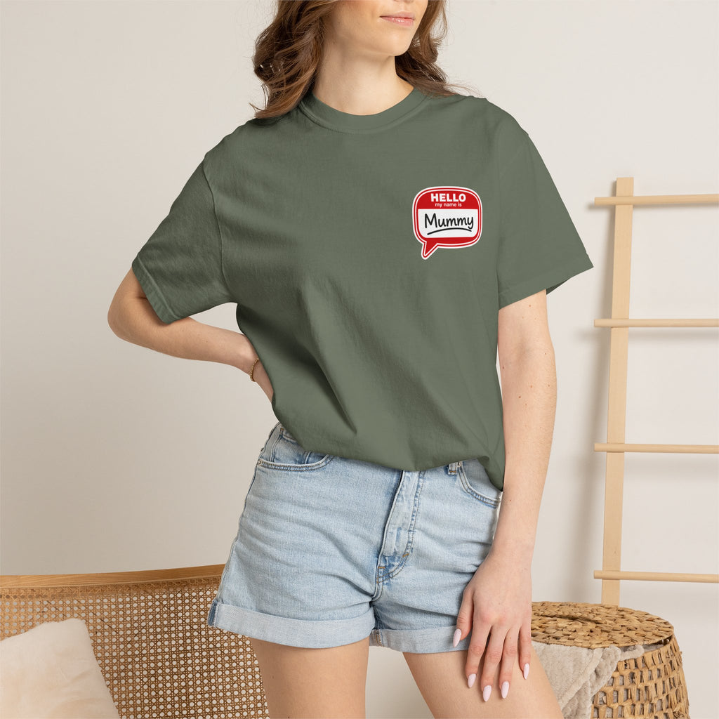 T-Shirt — "Hello Mummy" Retro Name-Tag Graphic
