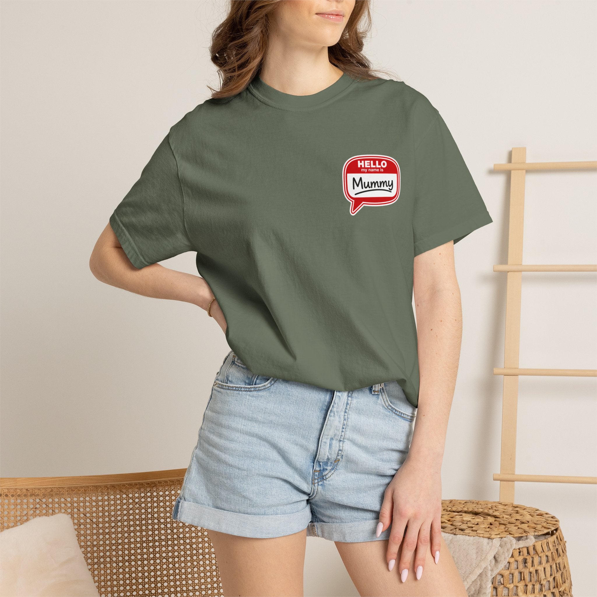 T-Shirt — "Hello Mummy" Retro Name-Tag Graphic