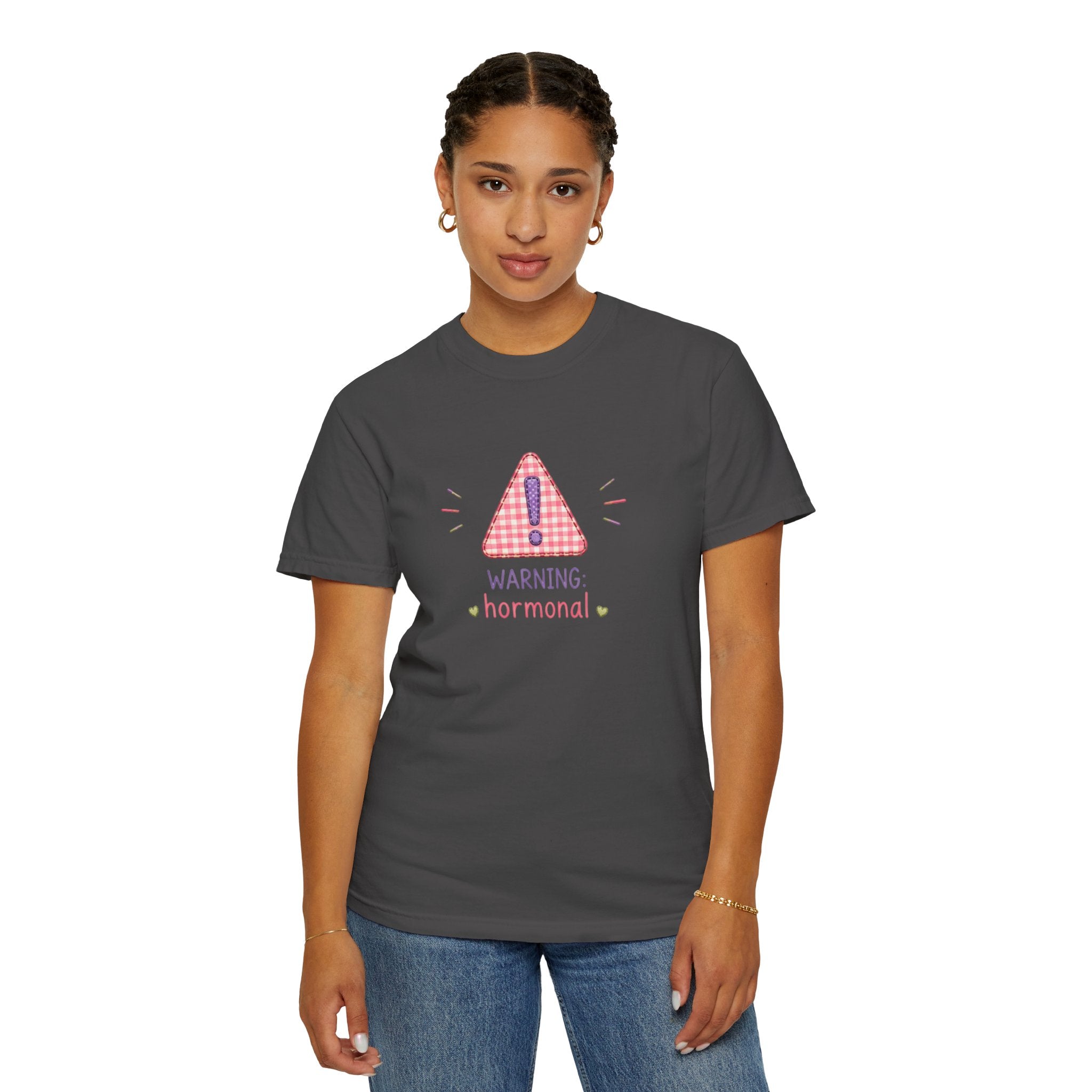 T-Shirt — "Warning: Hormonal" Cute Pink Gingham Alert Graphic