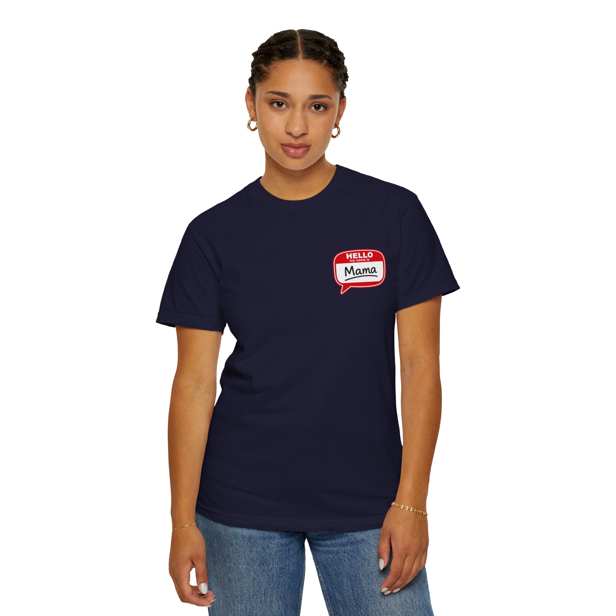 Hello Mama Pocket T‑Shirt — Cute 'Hello Mama' Name Tag Graphic Tee for New and Expecting Moms