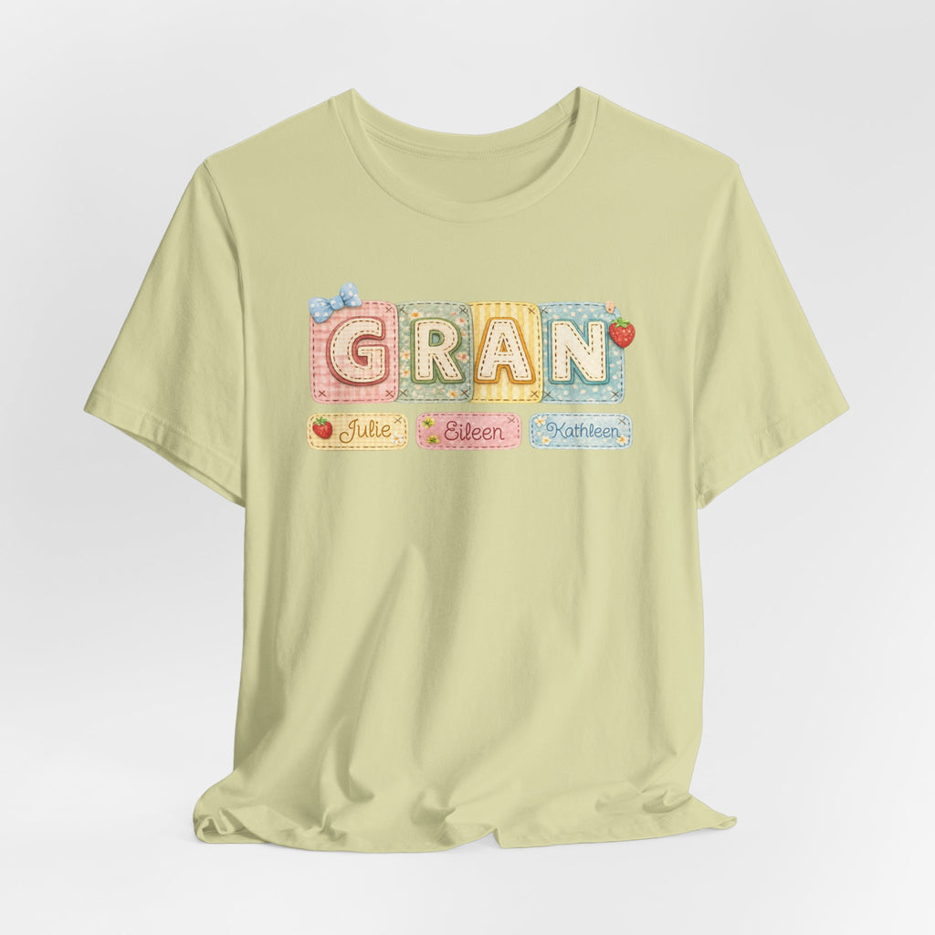 Gran Retro Patch Tee — Personalized 'Gran' Name Blocks Short Sleeve Shirt