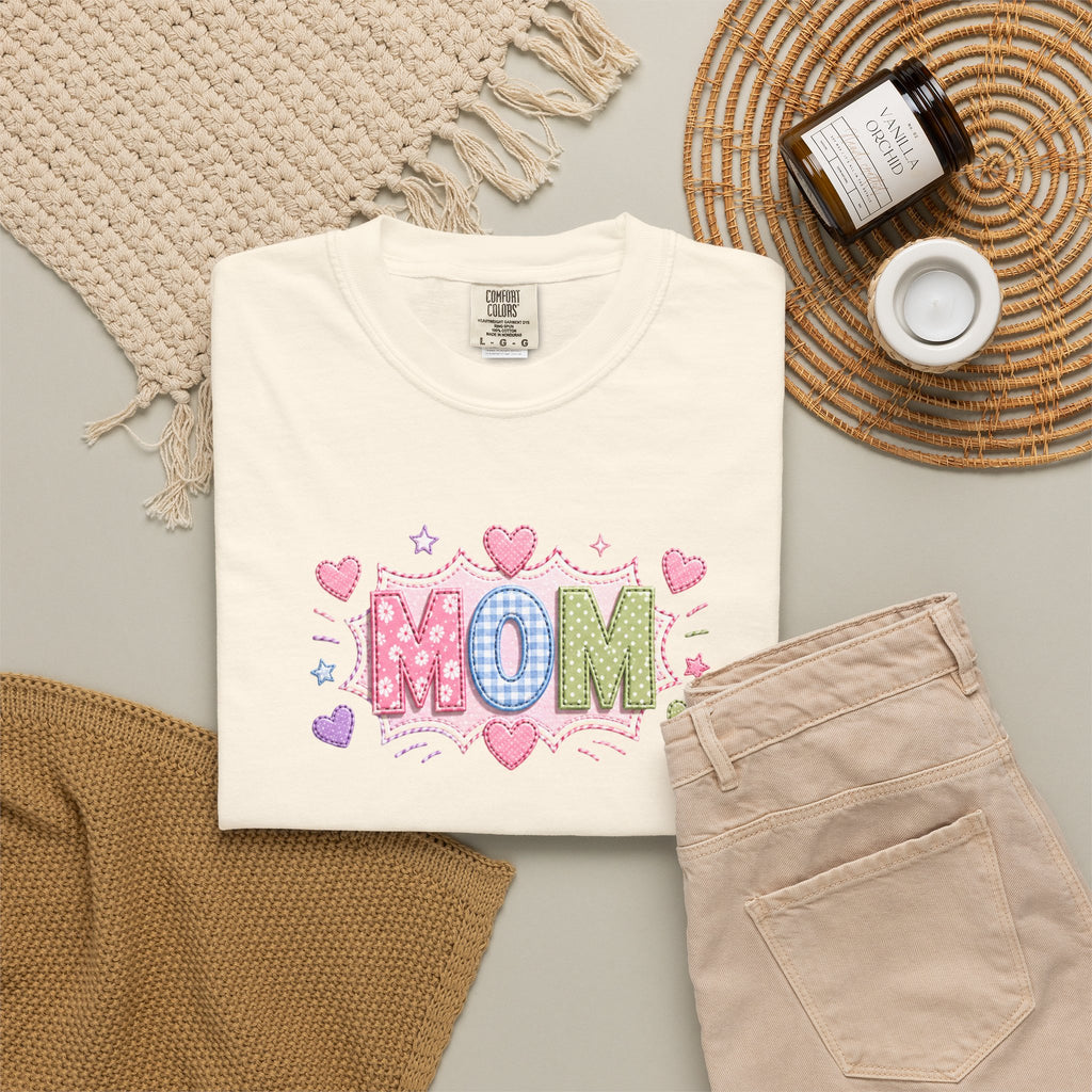 Mom Hearts T‑Shirt — Cute Pastel "MOM" Graphic Tee for Mother's Day & Everyday