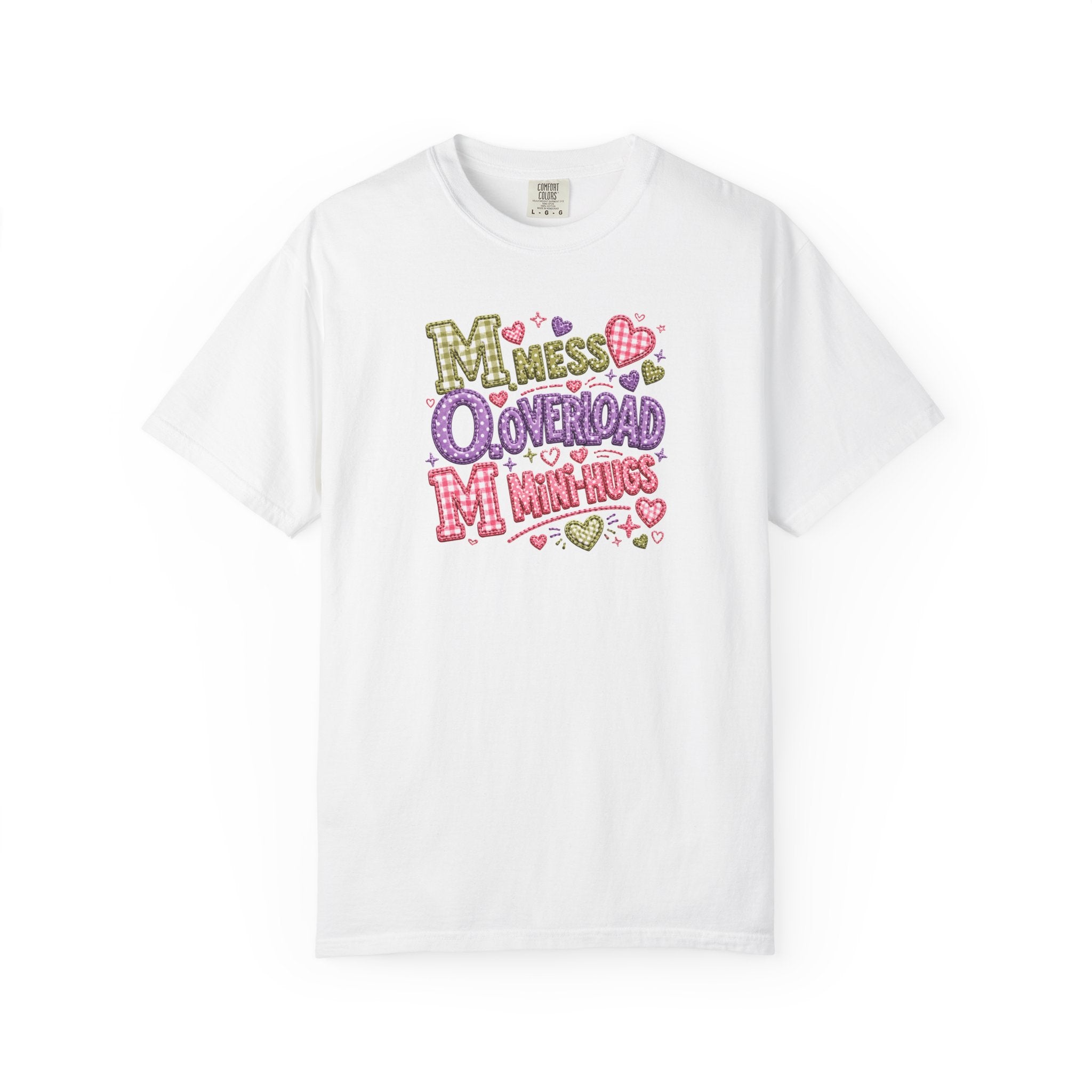 Mess, Overload, Mini-Hugs Hugs T-Shirt — Cute Hand-Lettered Mom Vibes Tee