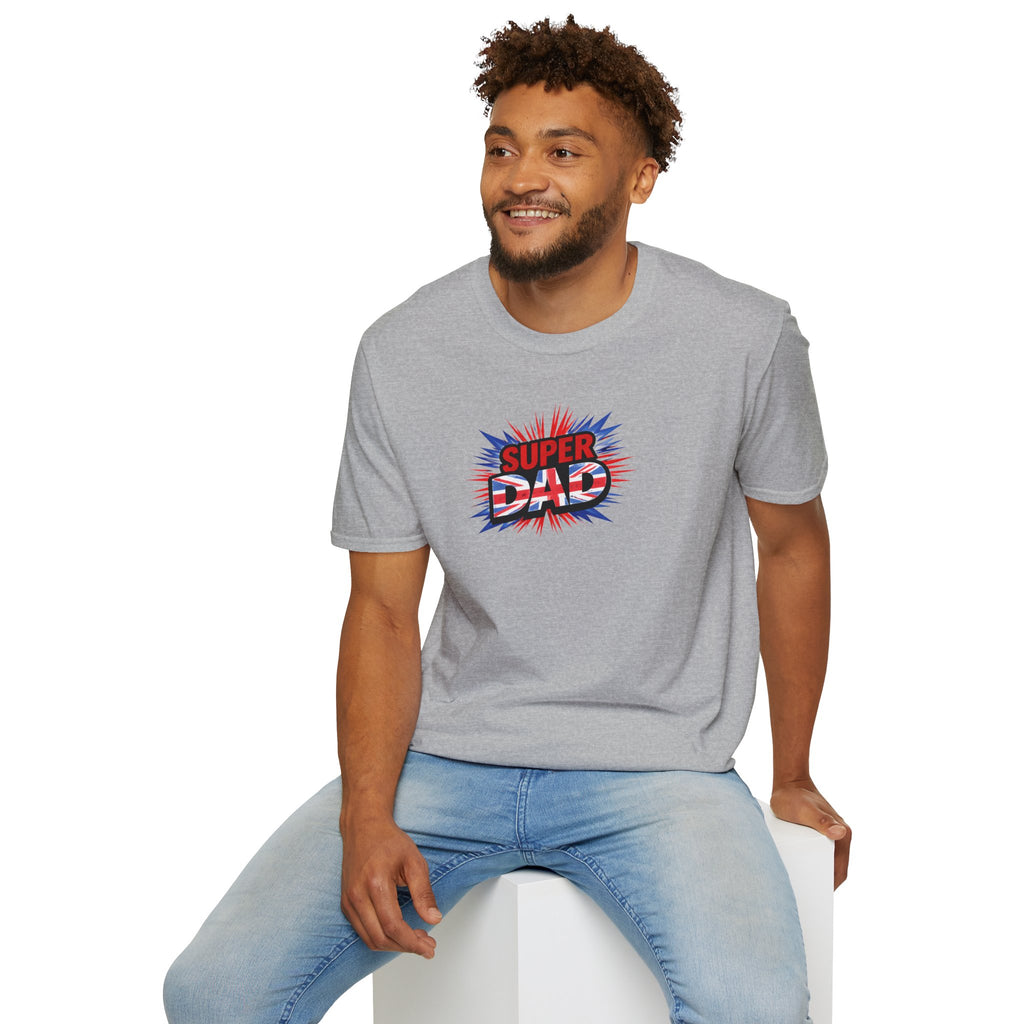 Super Dad T-Shirt – Union Jack Flag pattern Retro Comic Father’s Day Tee