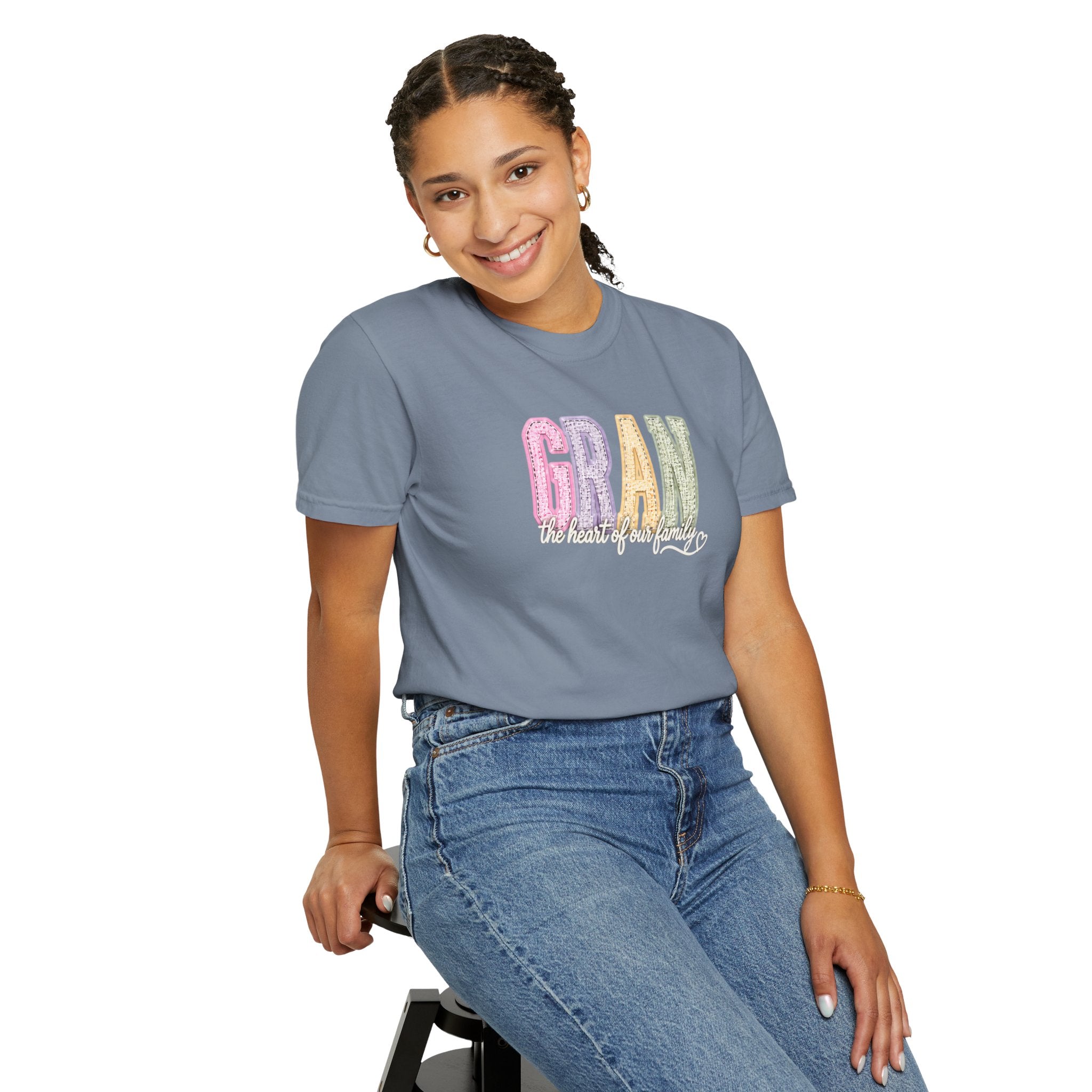 Gran Floral Script T-Shirt — "the heart of my family" Sage Garment-Dyed Tee