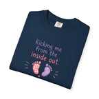 Pregnancy T-Shirt "Kicking Me From the Inside Out" — Cute Baby Footprint Maternity Tee
