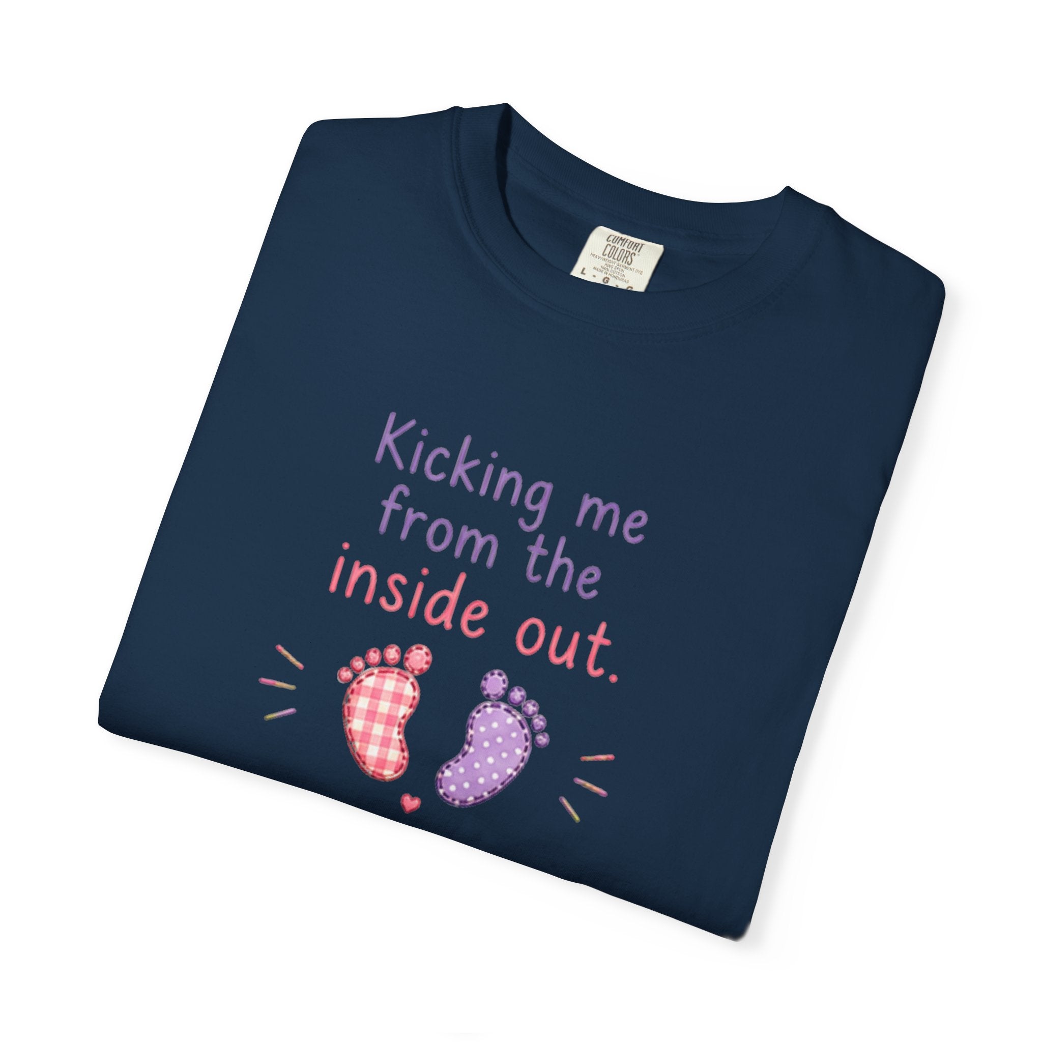 Pregnancy T-Shirt "Kicking Me From the Inside Out" — Cute Baby Footprint Maternity Tee