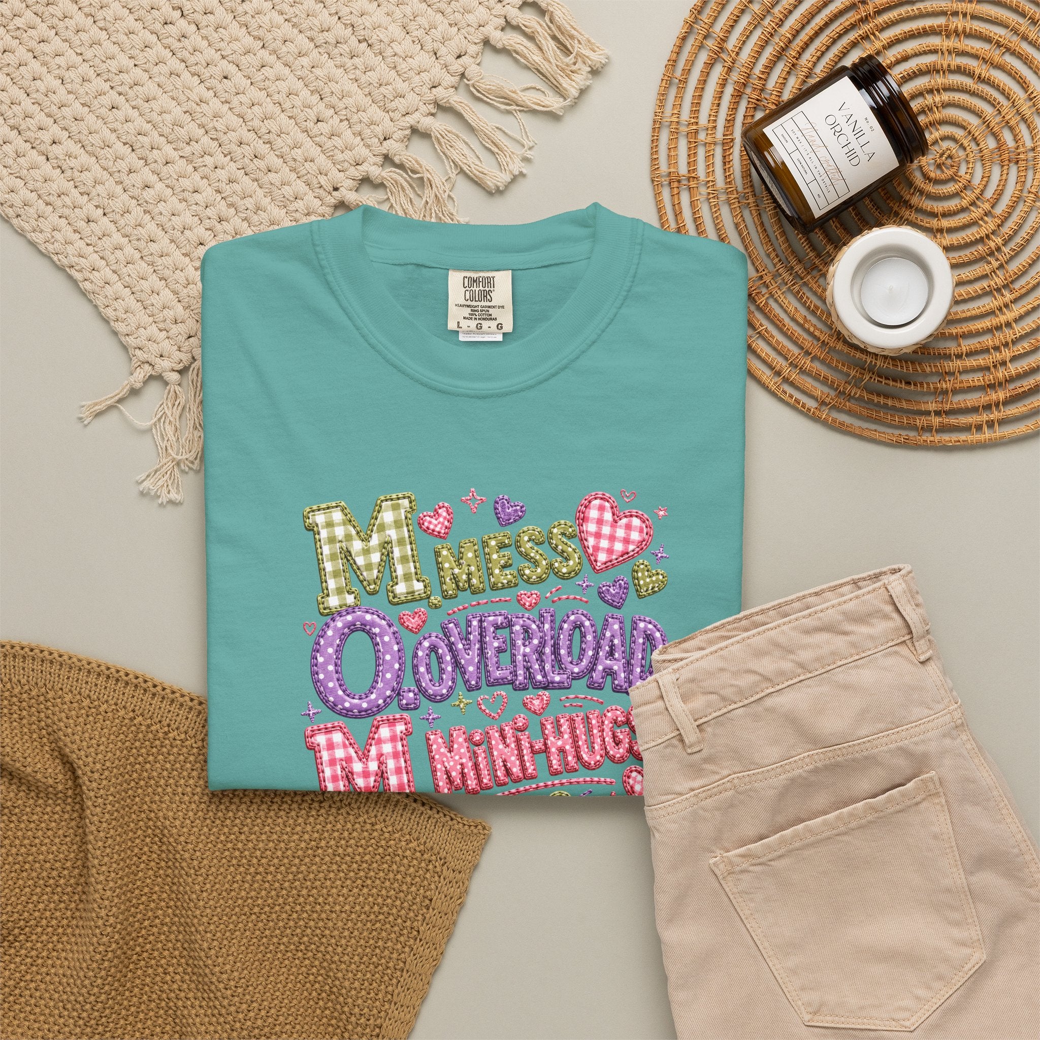 Mess, Overload, Mini-Hugs Hugs T-Shirt — Cute Hand-Lettered Mom Vibes Tee