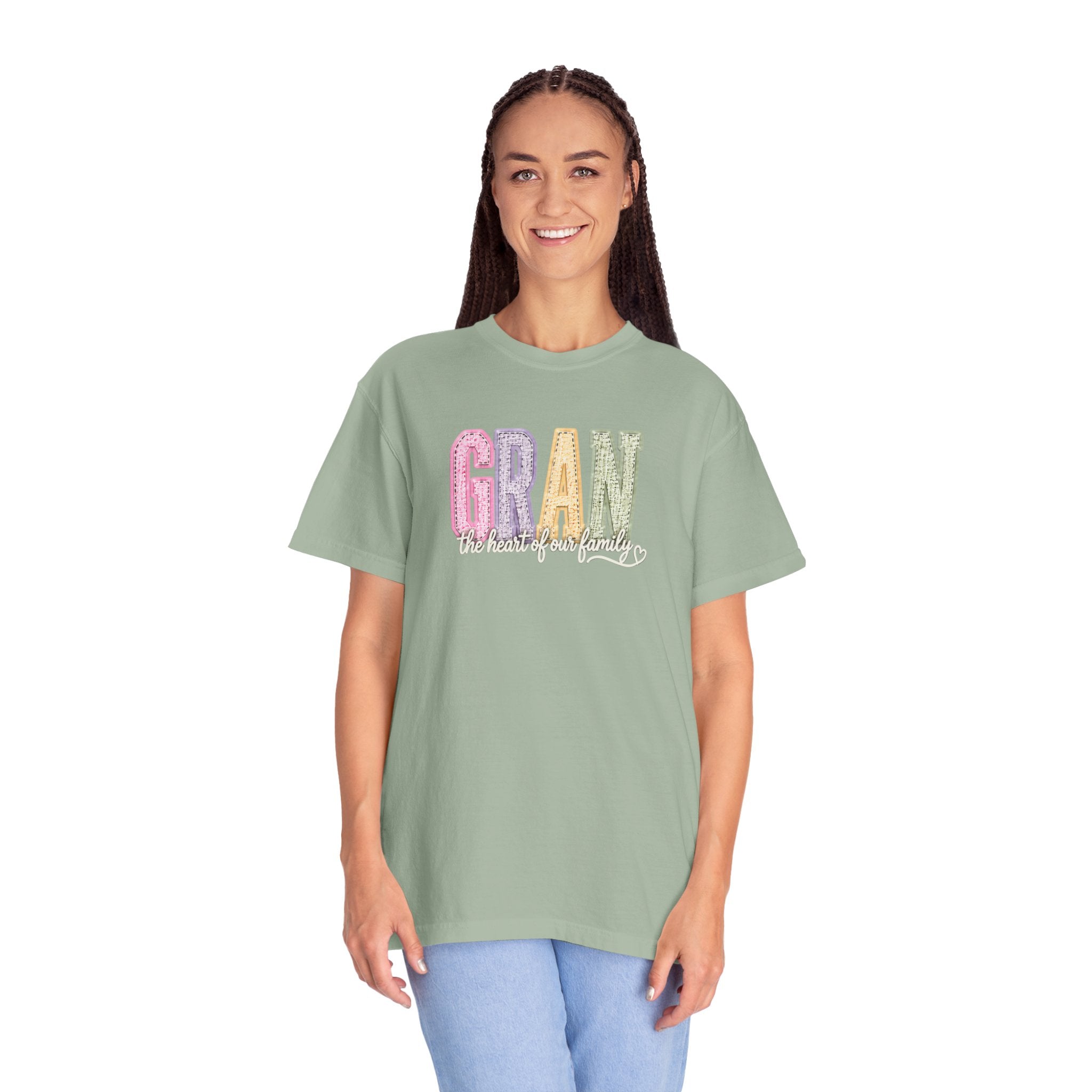 Gran Floral Script T-Shirt — "the heart of my family" Sage Garment-Dyed Tee