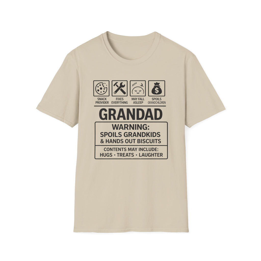 Grandad Warning T-Shirt — 'Warning: Spoils Grandkids & Hands Out Biscuits' Funny Grandpa Shirt