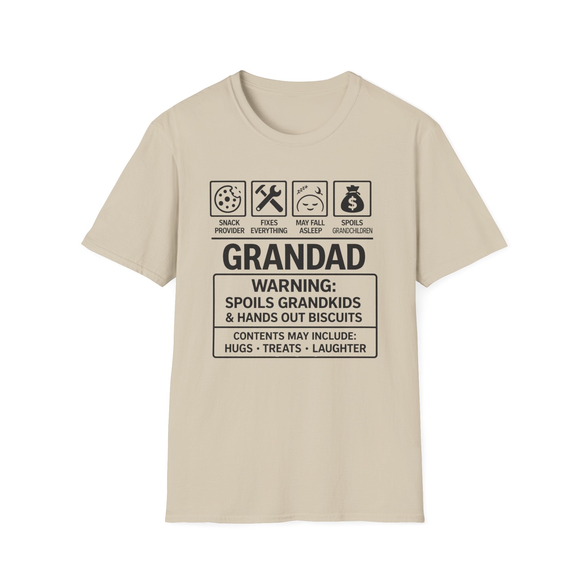 Grandad Warning T-Shirt — 'Warning: Spoils Grandkids & Hands Out Biscuits' Funny Grandpa Shirt