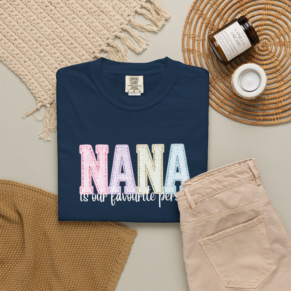 Nana Pastel Patchwork Tee — Soft White "NANA" Graphic T-Shirt for Grandmothers